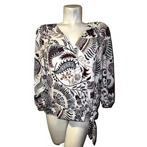 LOFT Outlet Top Multi Floral Print Wrap Tie Blouse 3/4 Sleeve Women's Size L